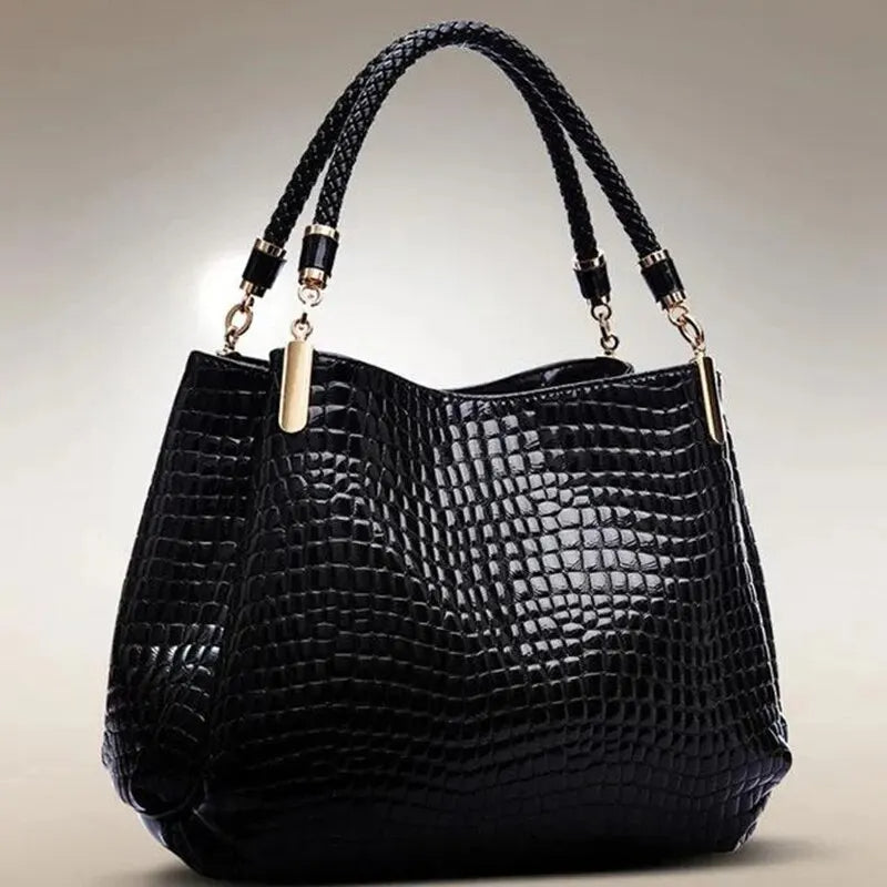 Black Croc Embossed Leather Handbag